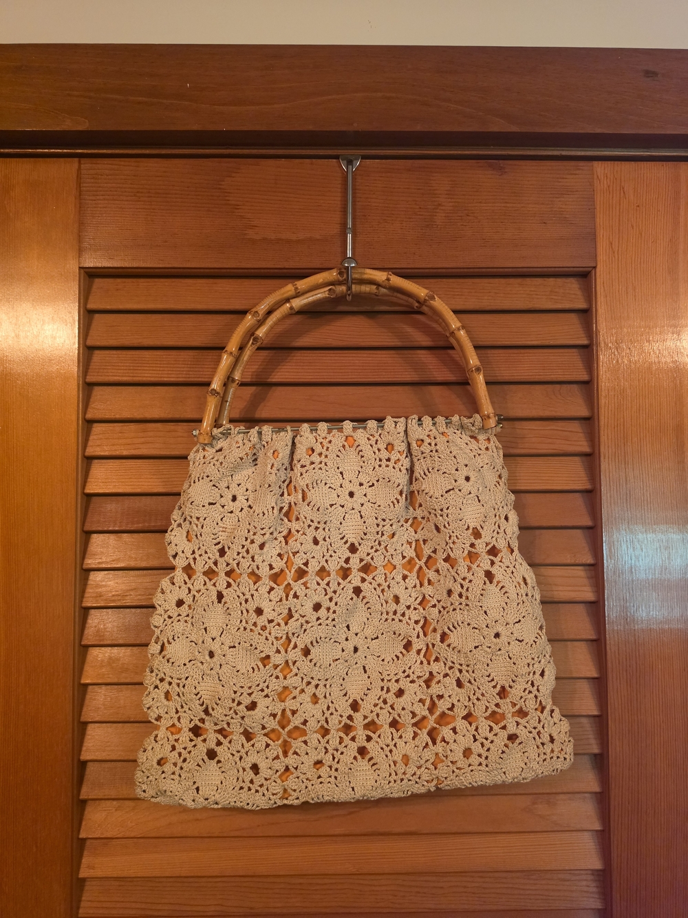 Vintage 1970's Crochet Beige Tote with Bamboo Handles